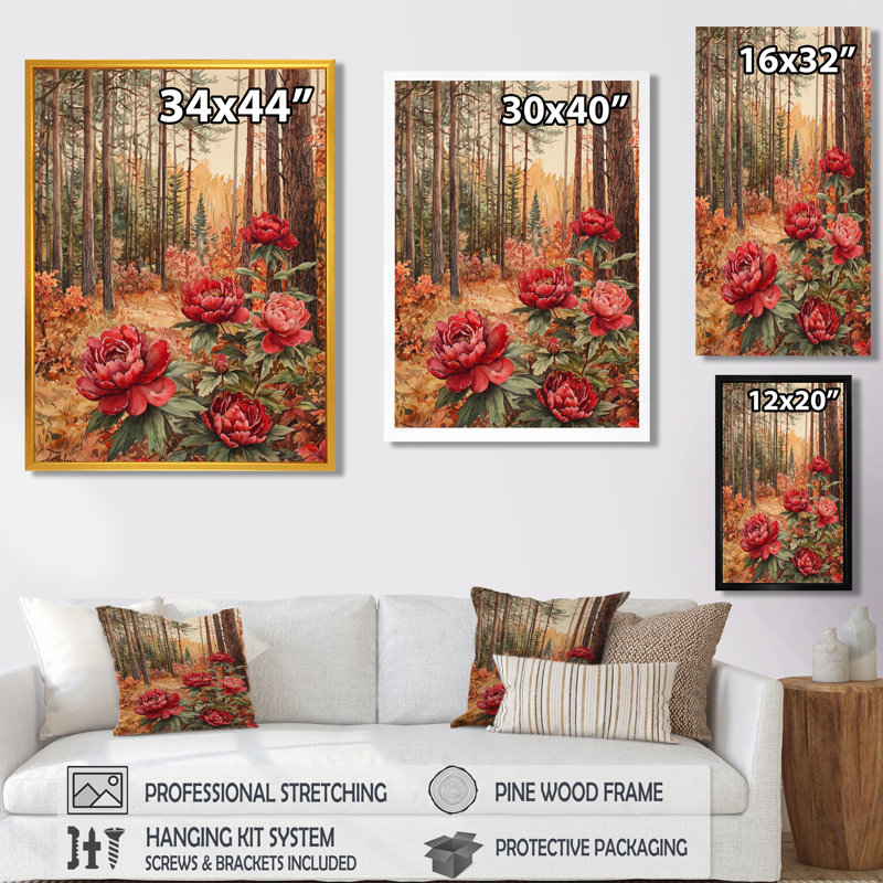 Gladwyn, pivoines parmi les pins d'automne II - pivoines, art mural, H 32 po x l 24 po, Reproduction avec cadre flottant