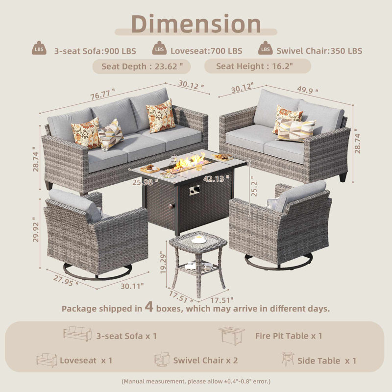 7- Person Patio Furniture Set With Swivel Rocker, Outdoor Wicker Rattan Seating Group With Cushions, All Weather Sofa Conversation Set With Fire Pit Table For Garden Backyard