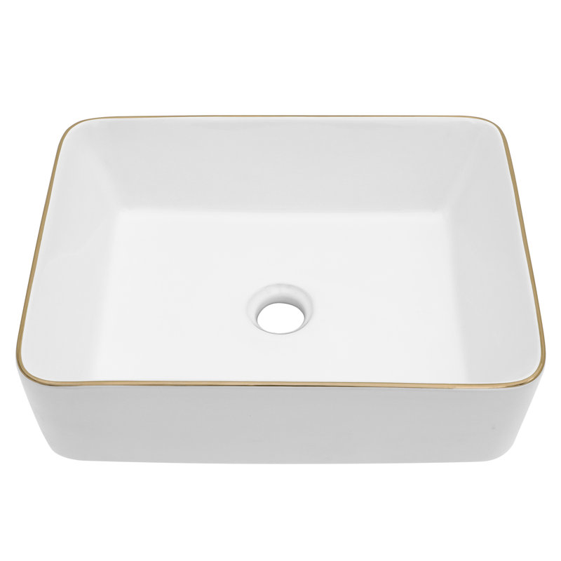 Lavabo de salle de bain vasque rectangulaire 19 po x 15 po en céramique blanche, Doré