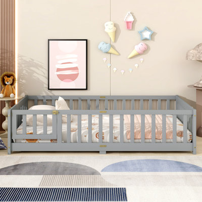 Floor Bed With Fence And Door,Rubber Wood Floor Bed With Safety Guardrails by Ophelia & Co.