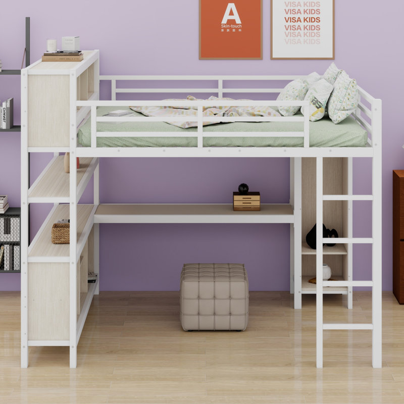 Metal Loft Bed Featuring A Wardrobe, L-Desk And  Storage Shelves, White Woodgrain