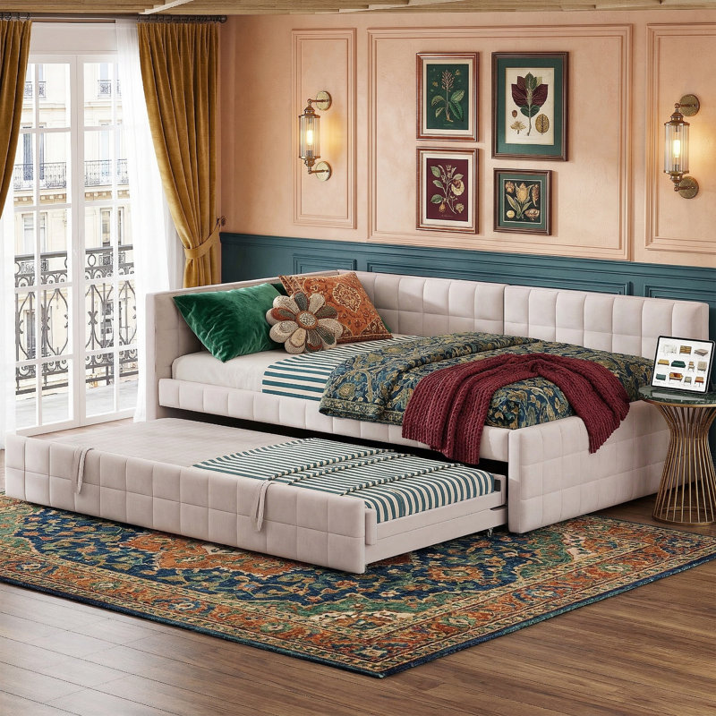 80.9" Full Size Upholstered Daybed With Twin Pop-Up Trundle - L-Shaped Backrest Sofa Bed With Built-In USB Ports - 32.3" High Guest Bed With 650 Lbs Capacity - Beige