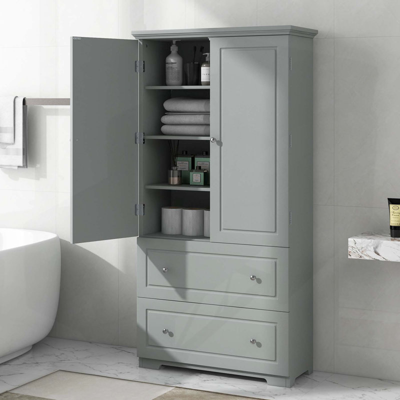 Armoire de salle de bain autoportante polyvalente avec plusieurs options de rangement et dispositif de sécurité