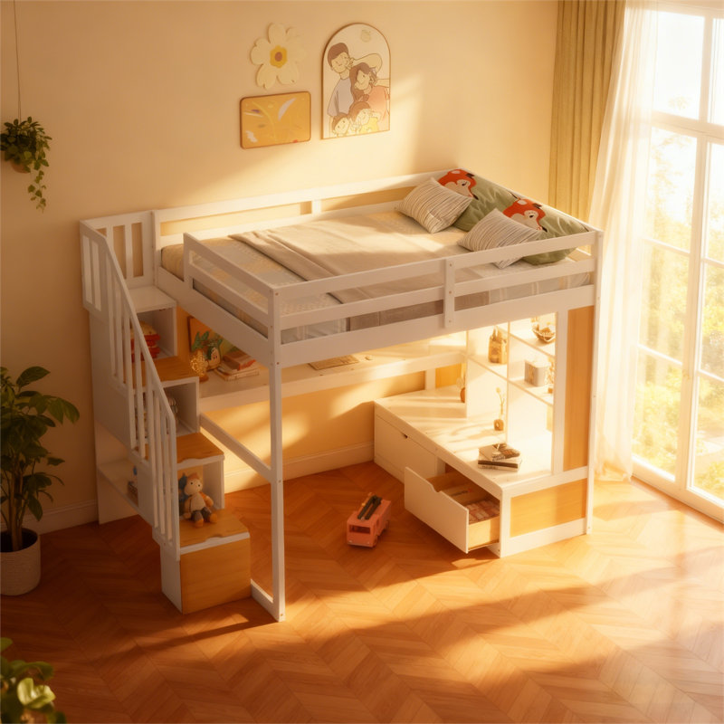 Lit mezzanine double avec bureau, tablettes de rangement, tiroirs et escalier de rangement, structure en bois massif, Naturel