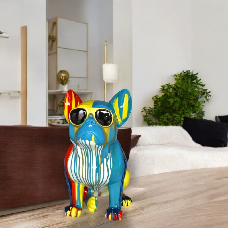 Statue bouledogue français à l'apparence de graffiti avec verres en résine, Jeffersonville Home Decor, L 19 po x l 12 po x H 19 po
