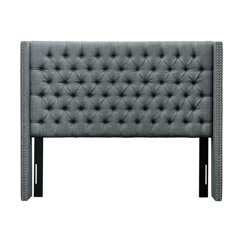 Tête de lit tapissier à oreilles Ashwin - Capitonnage à boutons et garniture cloutée, Très grand, Dark Grey Woven