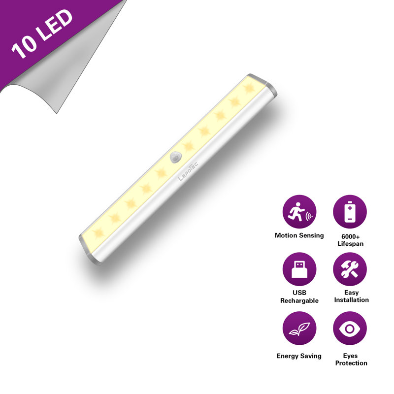 LEPOTEC 7.48Inch 10 LED Warm Wireless Rechargeable Motion Sensor Cabinet Light