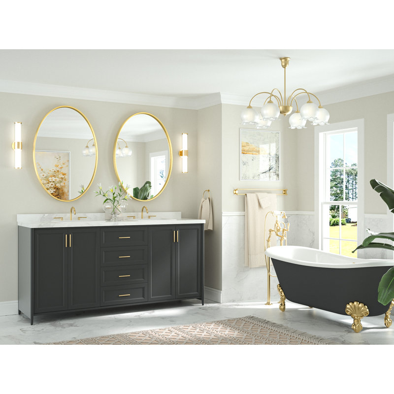 Juriana Metal Shatterproof Modern Flat Oval Vanity Decorative Wall Mirror, 24" H x 36" W x 2" D, Gold