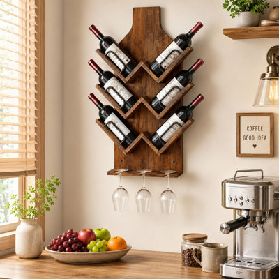 Support à vin mural en bois pour 6 bouteilles avec porte-verre