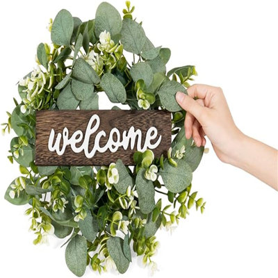 Panneau de bienvenue avec couronnes, petite porte d'entrée rustique, panneau décoratif en bois avec eucalyptus artificiel 13 pouces, décorations de porche de ferme pour cadeau de mariage, petit