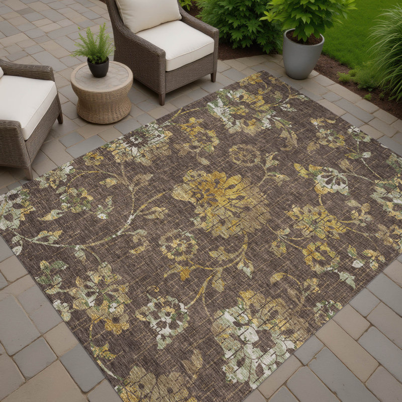 Machine Washable Indoor/Outdoor Chantille ACN2616 Floral Rug, Chocolate, 5' x 7'6"