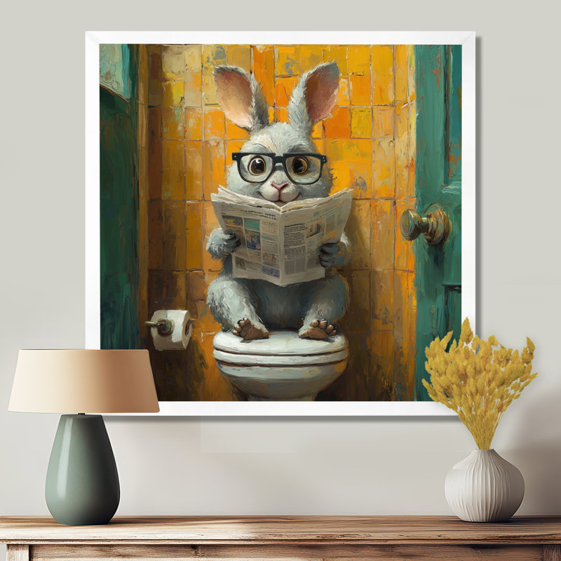 Kenalee lapin avec des lunettes dans la toilette II - lapin, art mural de salon, Reproduction encadrée d'une seule photo