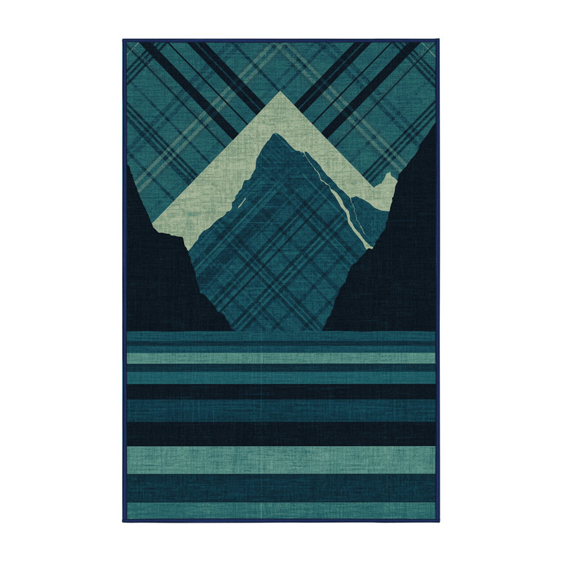 Machine Washable Orsolya New Zealand Milford Sound Rustic Plaid Rug in Blue – Navy Binding, 8x10