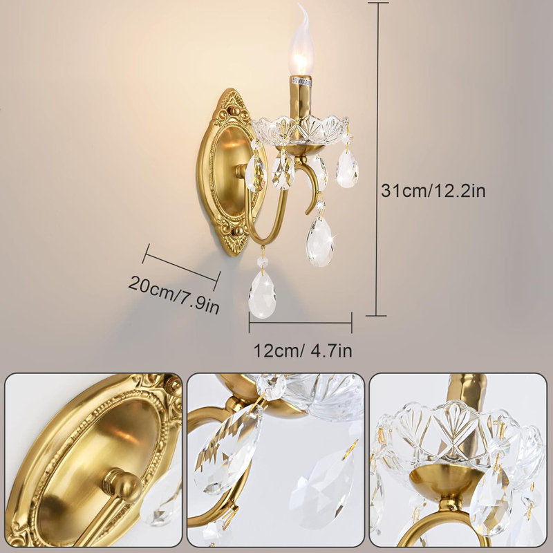 Vintage Crystal Wall Sconce Set Of 2 With , Candelabra Light Fixture And Glass Drops For Hallway, Bedroom, Bathroom