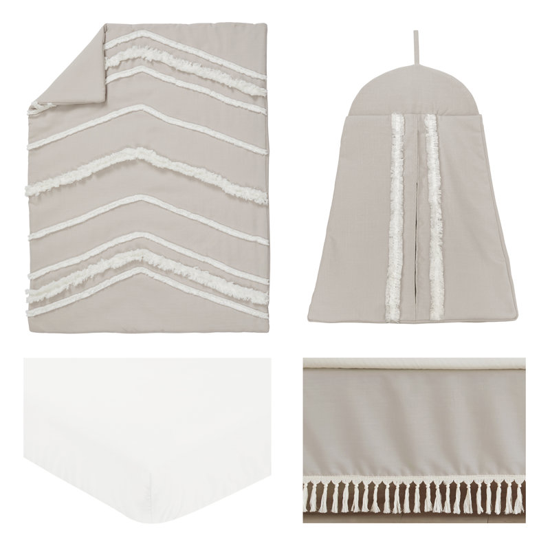 Taupe and Ivory Linen Blend Boho Fringe 4-Piece Crib Bedding Set