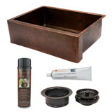 30" Hammered Copper Kitchen Apron Single Basin Sink with Matching Drain and Accessories