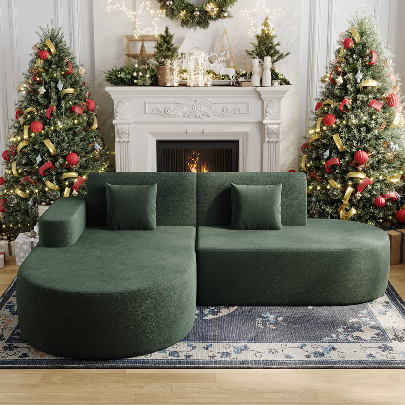 No Assembly Required Corner Sofa, L-Shape Sectional Sofa With 2 Pillows, Green