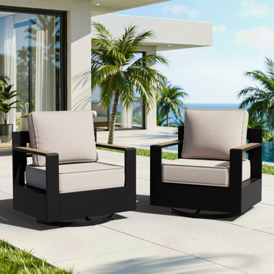 Modern Aluminum 360° Swivel Outdoor Patio Chairs with 6 inch Beige Cushions (set of 2)