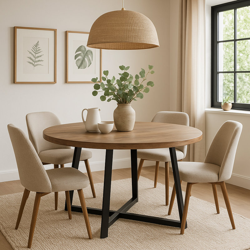 Kerklin Round Solid Wood Top Metal Base Dining Table