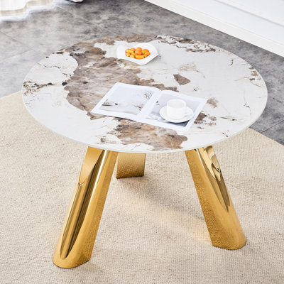 Table ronde de 42 pouces à trois pieds avec pieds plaqués or en acier inoxydable Table ronde saine, écologique et naturelle