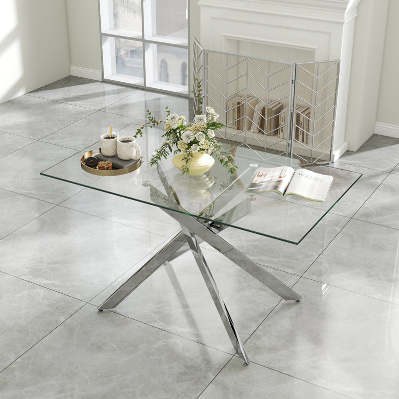 Table de salle à manger rectangulaire en verre trempé avec piédestal en acier inoxydable, Argent argent