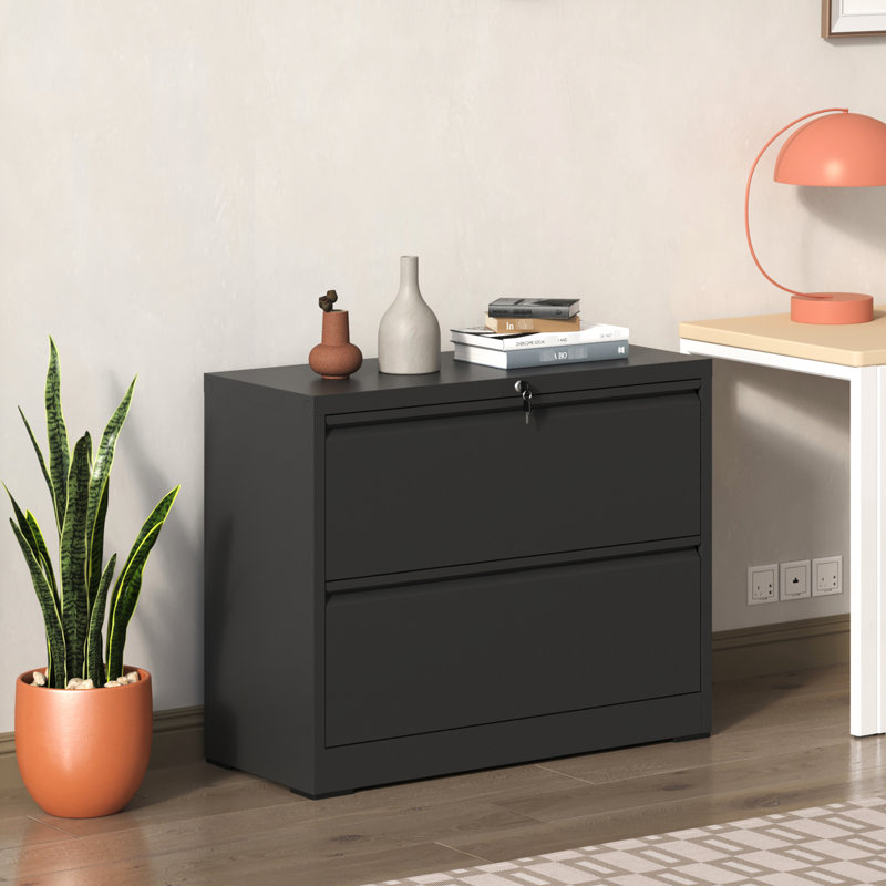 Black Metal Filing Cabinet With 2 Drawers And Lock, For Office Setup, Fits Various File Sizes High-Security 2 Cabinet, Black, Workspace, Different