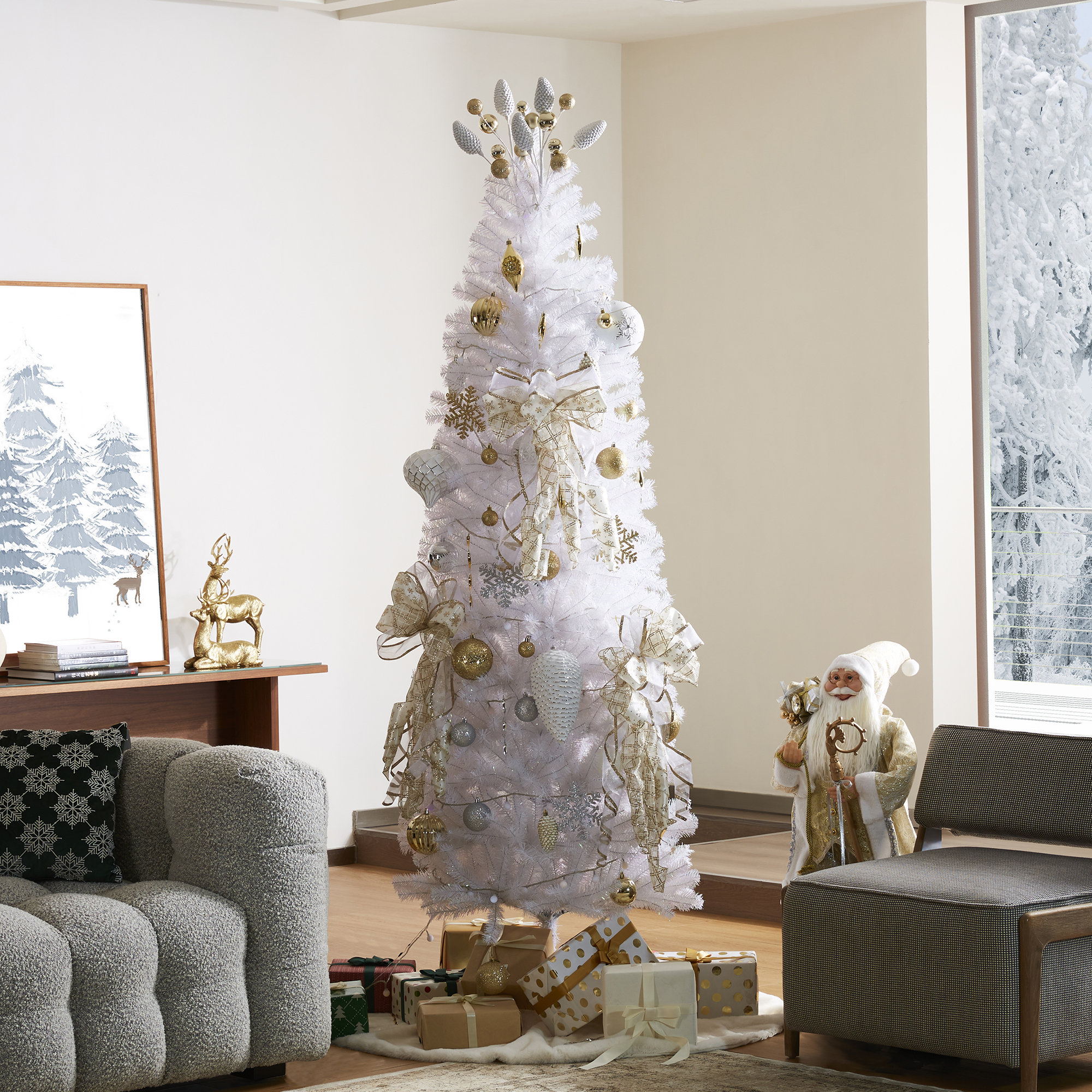 White Pencil Tinsel Artificial Christmas Tree, 7.5ft