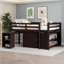 Structure de lit mezzanine double en bois massif avec rangement intégré et bureau portable roulant, ton brun