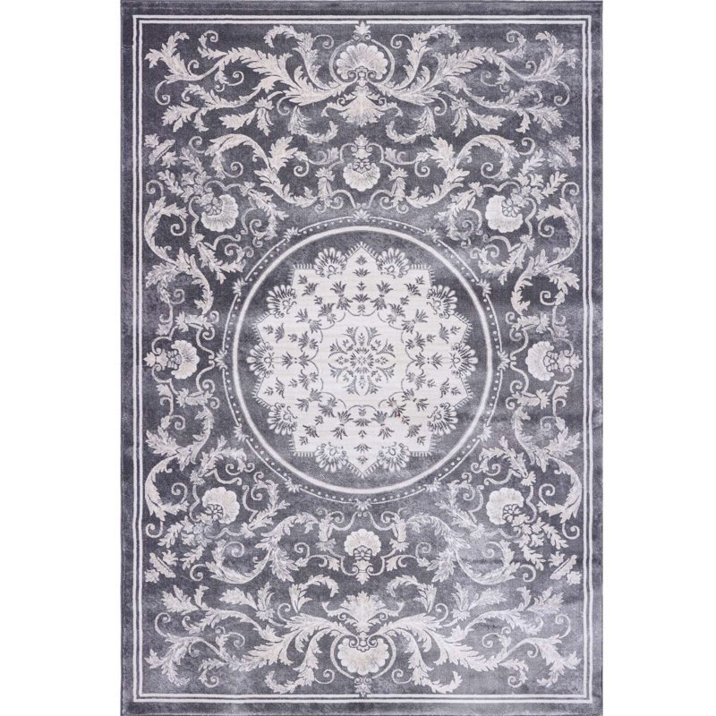 Tapis à motif floral gris Nauman, Rectangle 5 pi 3 po x 7 pi 7 po