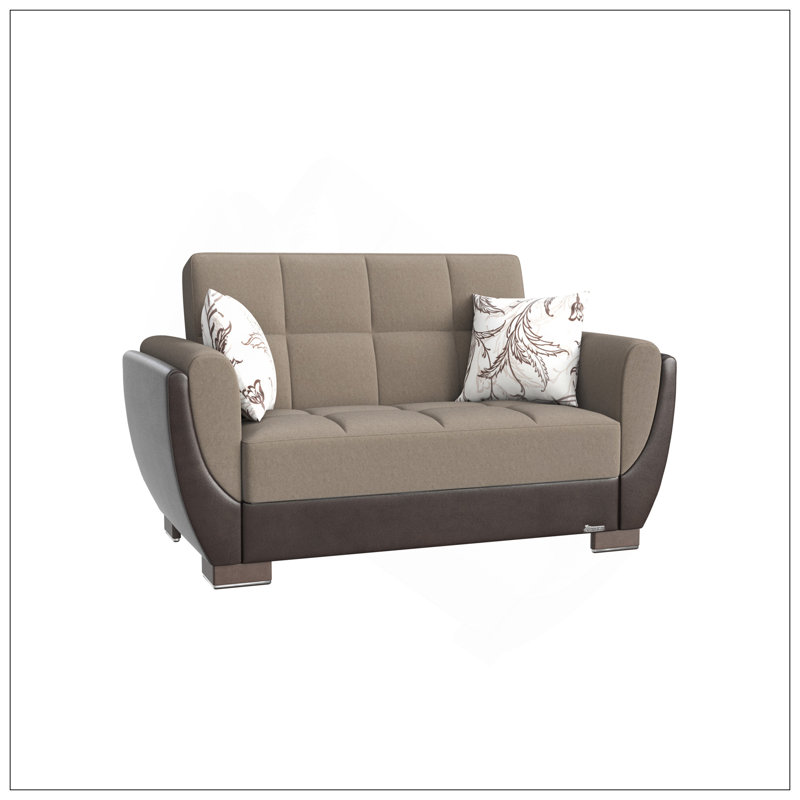 Causeuse convertible rembourrée avec rangement, chenille en polyuréthane beige / brun, Beige / chenille brune