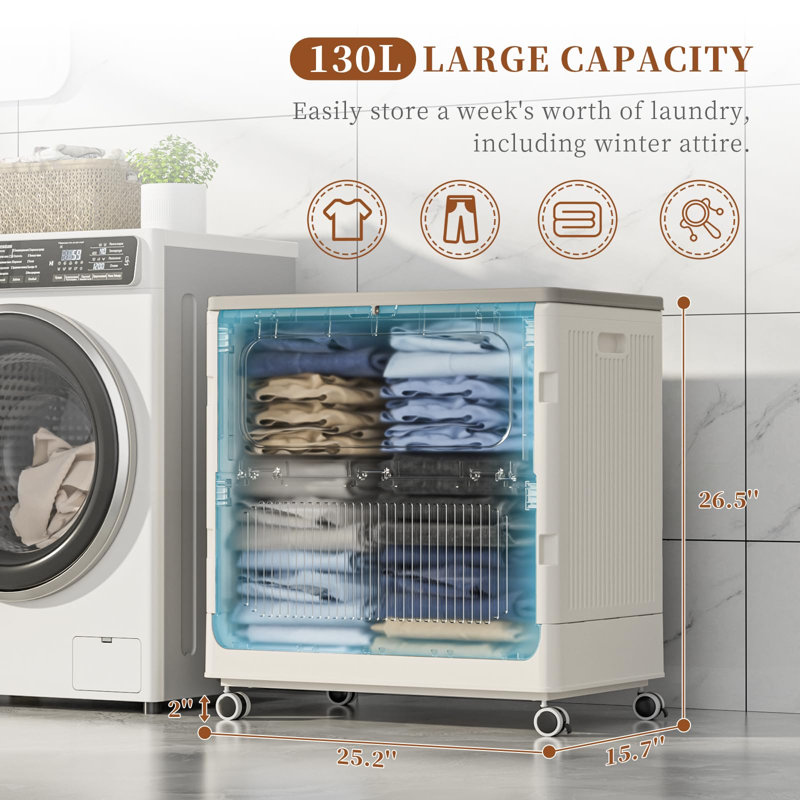 Panier à linge roulant avec couvercle, panier à linge pliable à grande capacité avec roulettes, panier à linge en plastique pour salle de bain (laiteux)