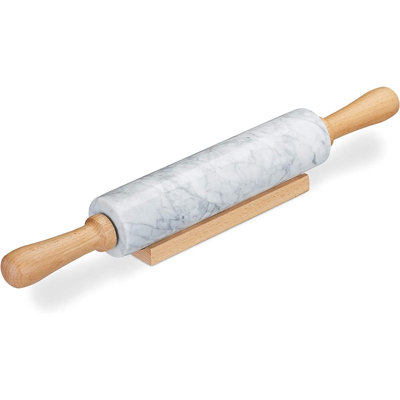 Defonta Marble Rolling Pin For Baking With Wooden Handles Natural White Stone Roller Easy Clean 
