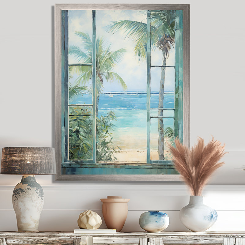 «Tropical beach Windows horizon I» - Impression sur toile côtières, Cadre simple argenté, H 40 po x l 30 po x P 1,5 po