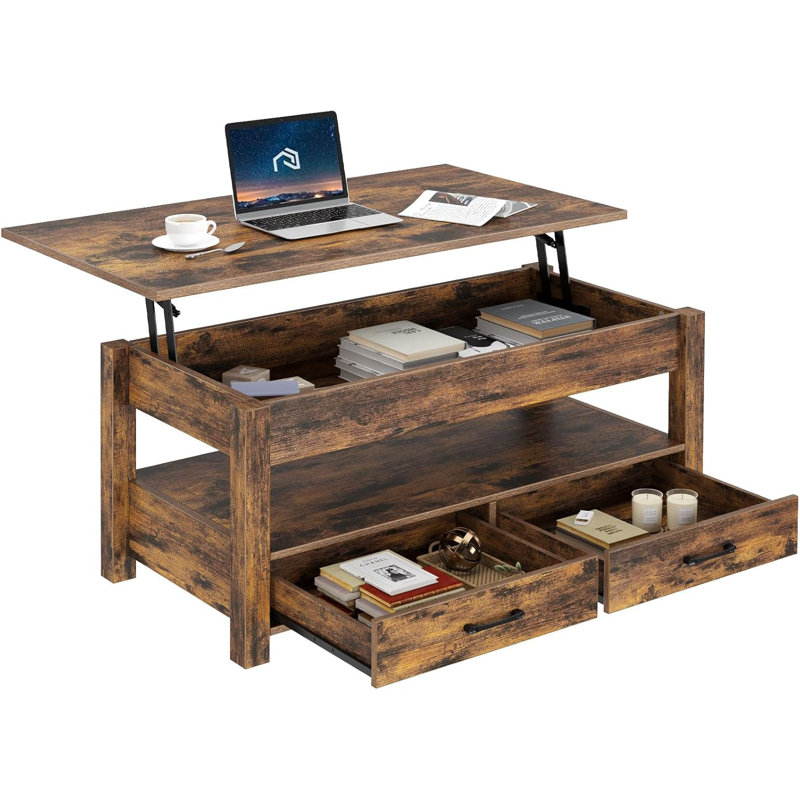 Table basse à plateau relevable avec tiroirs de rangement et compartiment caché, table basse rustique en bois à hauteur réglable pour le salon avec tablette ouverte et conception ergonomique