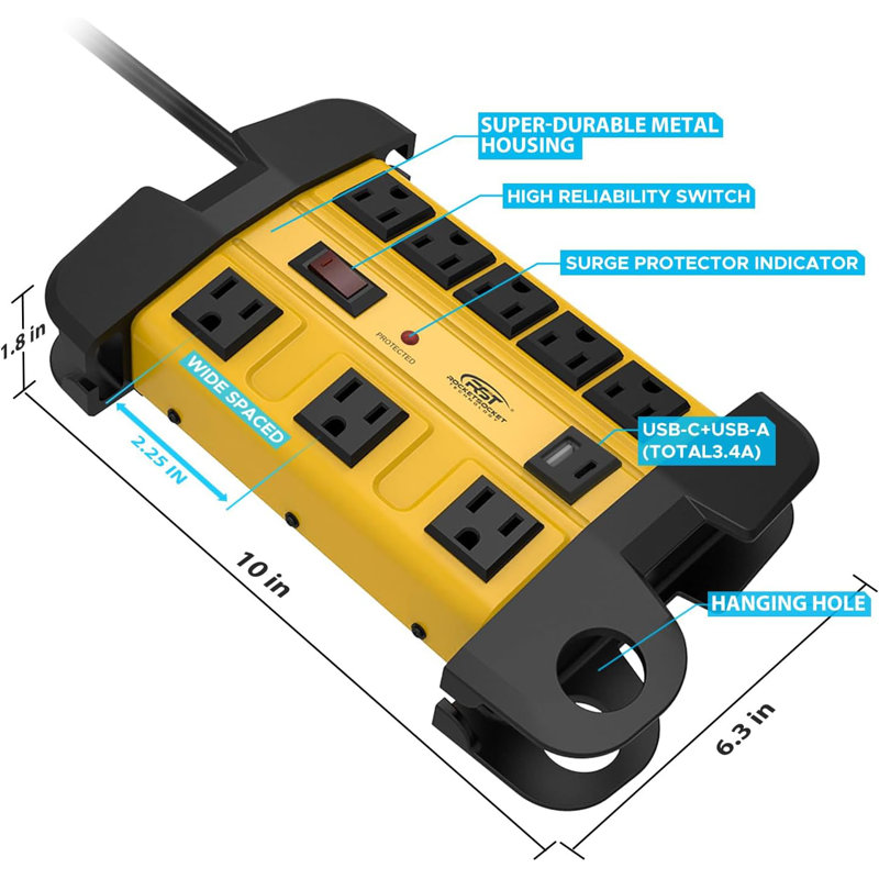 Multiprise résistante aux surtensions CRST avec ports USB-C, bloc d'alimentation industriel en métal à 8 prises avec disjoncteur 15A, rallonge de 6 pieds