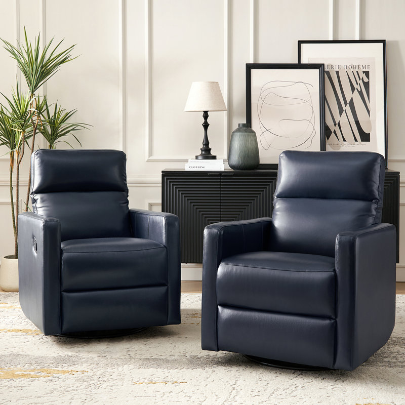 Sumbul Genuine Leather Upholstered Swivel Rocker Recliner, Navy