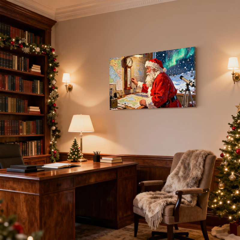 Noël, père Noël au travail dans un atelier, ensemble de 3 impressions sur toile, H 20 po x l 30 po