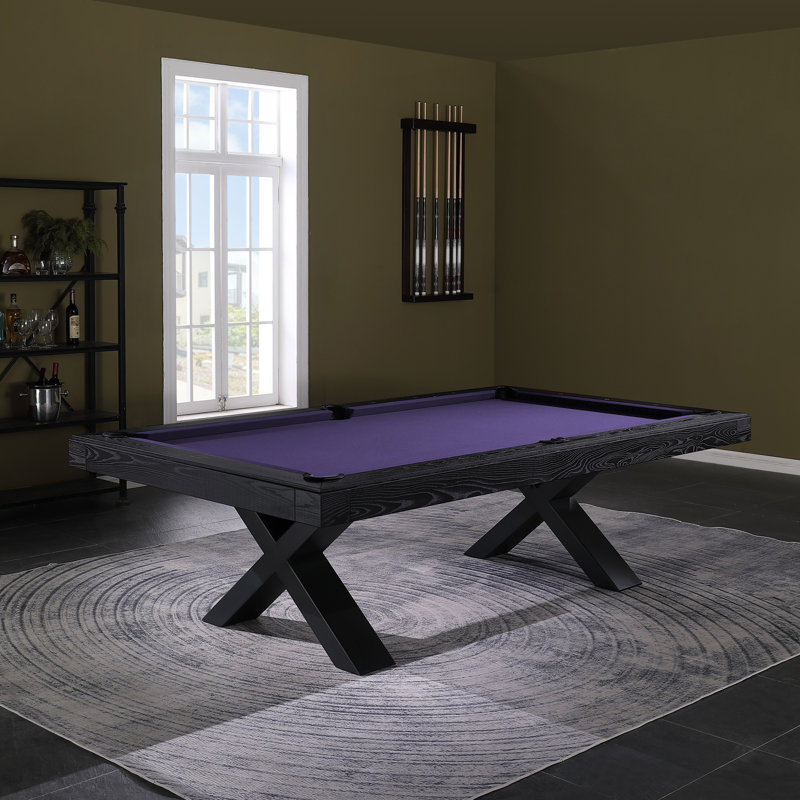 Table de billard en ardoise 8 pi Texas II avec pieds en acier, Mauve résistant à l'eau, Frêne noir vieilli