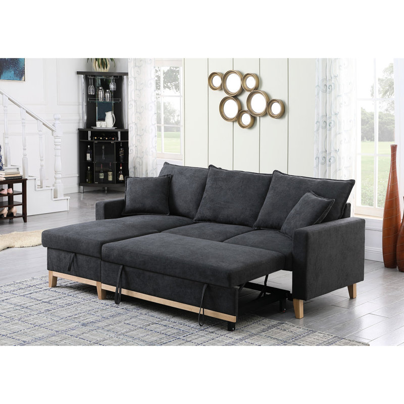 Canapé modulaire de 82,49 po avec méridienne de rangement gris foncé, canapé-lit et pieds en bois de 58,37 po de largeur