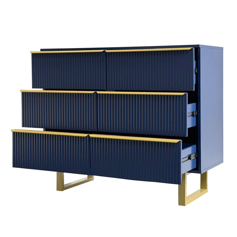 6-drawer Dresser In Mdf Wood With Gold Metal Legs And Handles., Navy Blue
