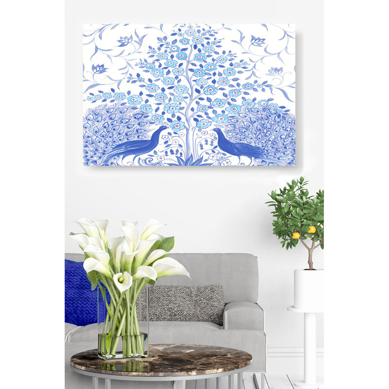 Paire de paons, marguerites, oiseaux, fleurs, chinoiseries, plumes, bleu, blanc, indigo, cyan, H 24 po x l 36 po x P 1,5 po