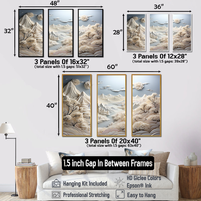 Abstrait Snowy Winter Mountains II - Paysage abstrait, art mural, Cadre flottant brun, H 32 po x l 48 po x P 1 po