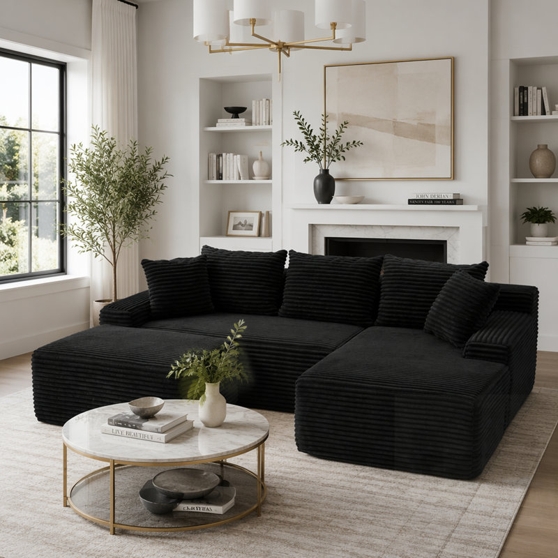 Canapé modulaire en L avec méridienne, repose-pieds et support ergonomique pour les salons modernes, Black