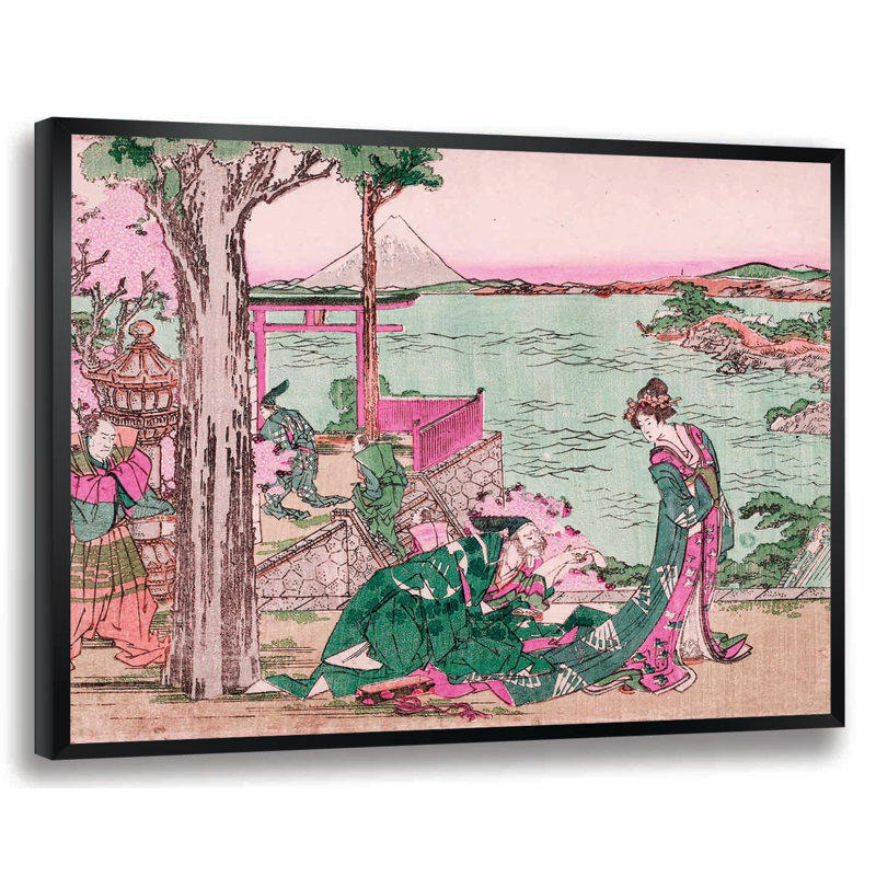 « japanese courtesan » par katsushika hokusai,, reproduction d’art encadrée de rose et de vert, H 14 po x l 18 po