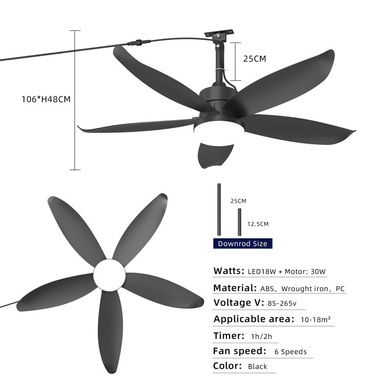 Ventilateur de plafond extérieur étanche 42 po avec tige de suspension noire, éclairage, 6 vitesses, 3 températures de couleur, télécommande, prise secteur