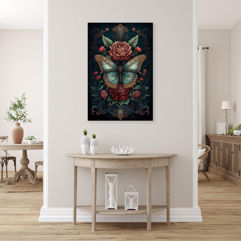 Roses et papillon - impression sur toile tendue, H 14 po x L 11 po x l 1,25 po