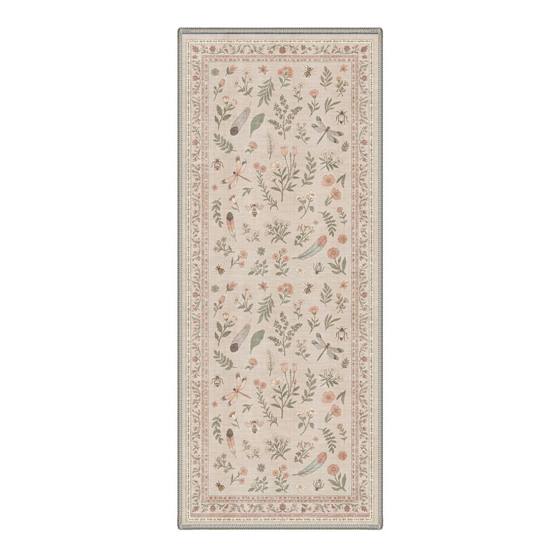 Adonis Aura Flora Boho Machine Washable Beige / Green Indoor Area Rug with Non-Slip Backing, Runner 2' x 6'