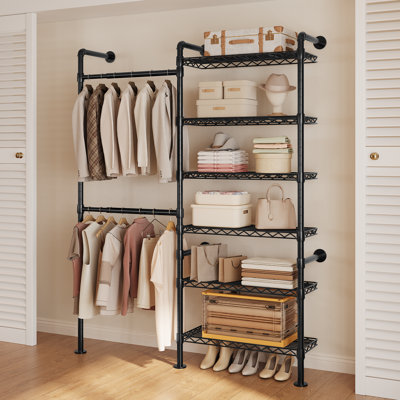 44.8''- 61'' Wide Metal Pipe Clothing Rack Wall Mounted With 6 Wire Shelving Units & 2 Telescopic Rods