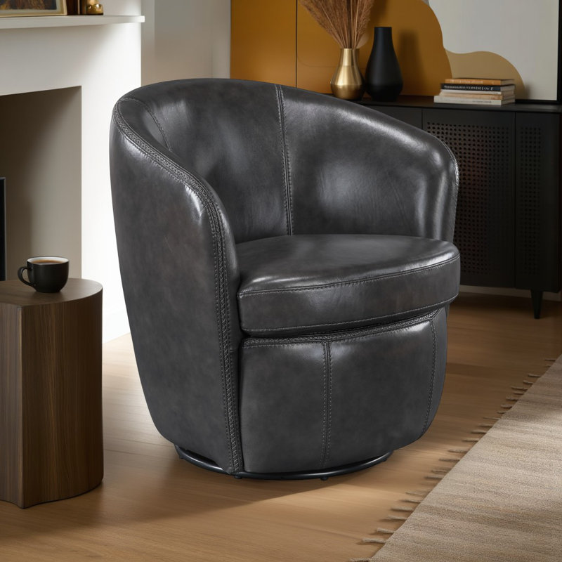 Terza 31" Modern & Contemporary Swivel Chair with 100% Top Grain Leather, 360-Degree Swivel, Dacron Wrapped High-Density Foam