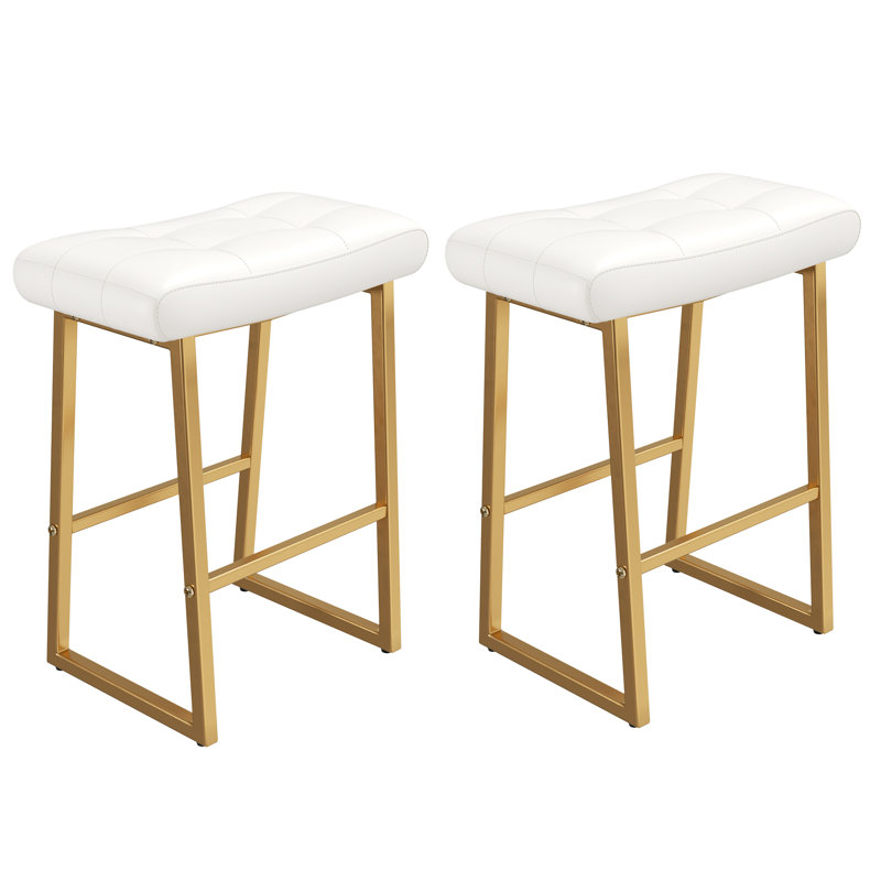 Upholstered Counter Stool with Metal Frame, White, Gold